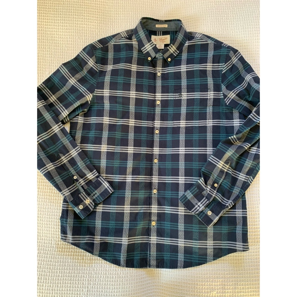 Penguin Button Down Pocket‎ Long Sleeve Plaid Shirt Men L Green Blue Plaid